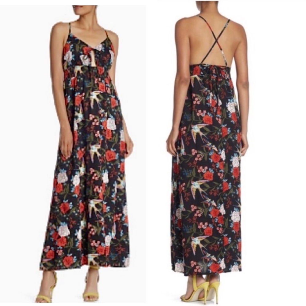 Lulus Lush Floral Black Red Strappy V Neck Keyhole Cutout Maxi Dress Botanical